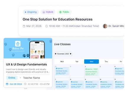  Live Class feature cards showing live classes schedule, educator profile details, 
calendar-based class management, and a mobile-friendly course card.